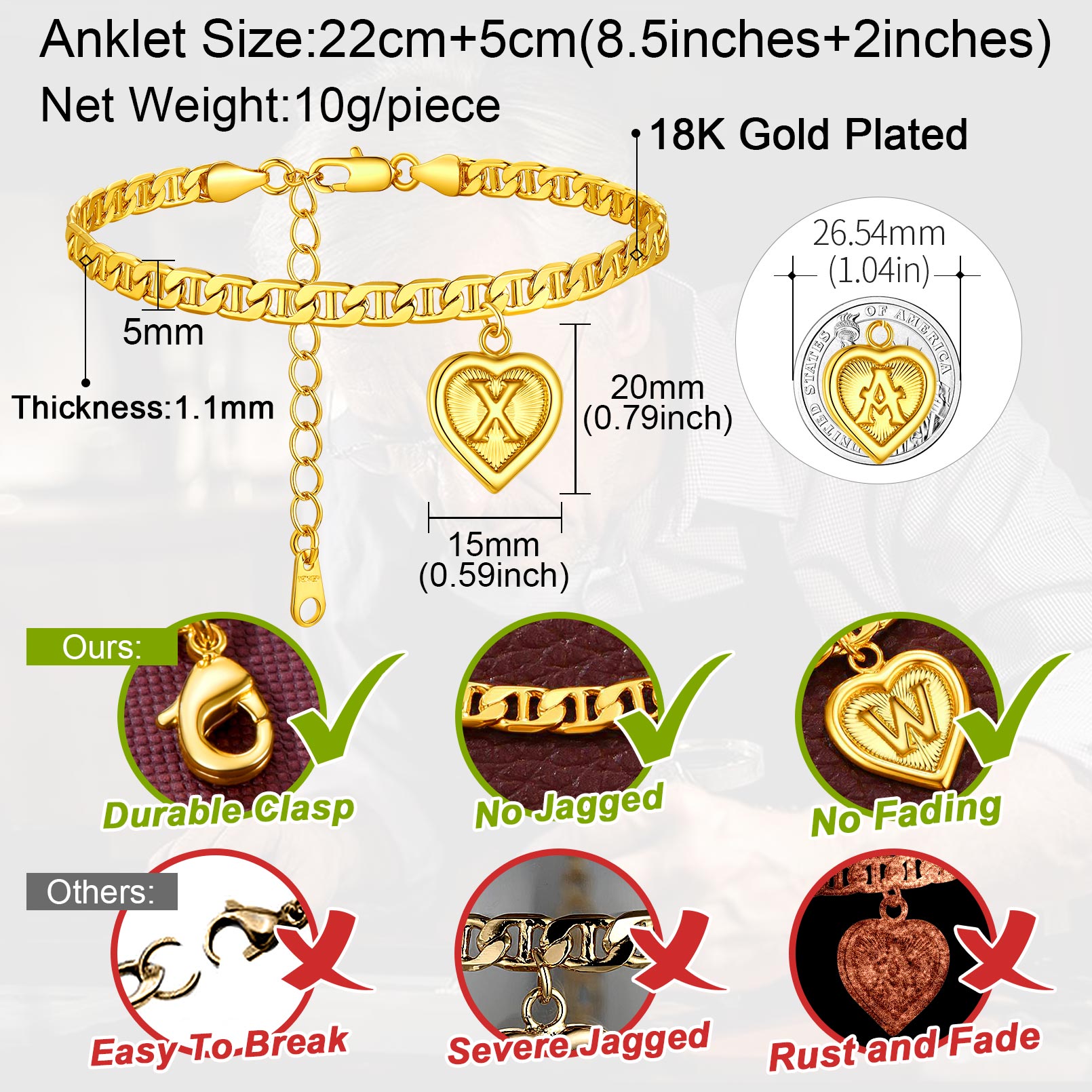 Mariner Chain Initial Heart Charm Anklet for Women detail