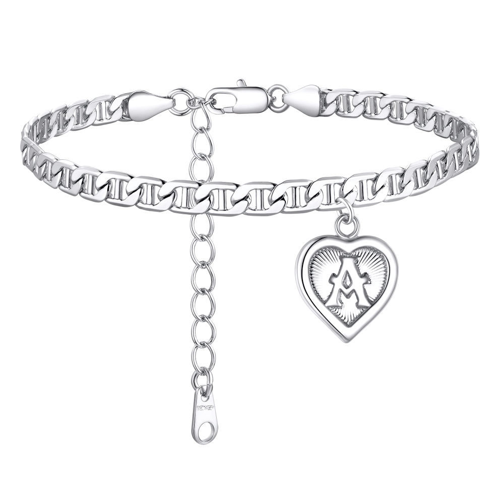 Mariner Chain Initial Heart Charm Anklet for Women
