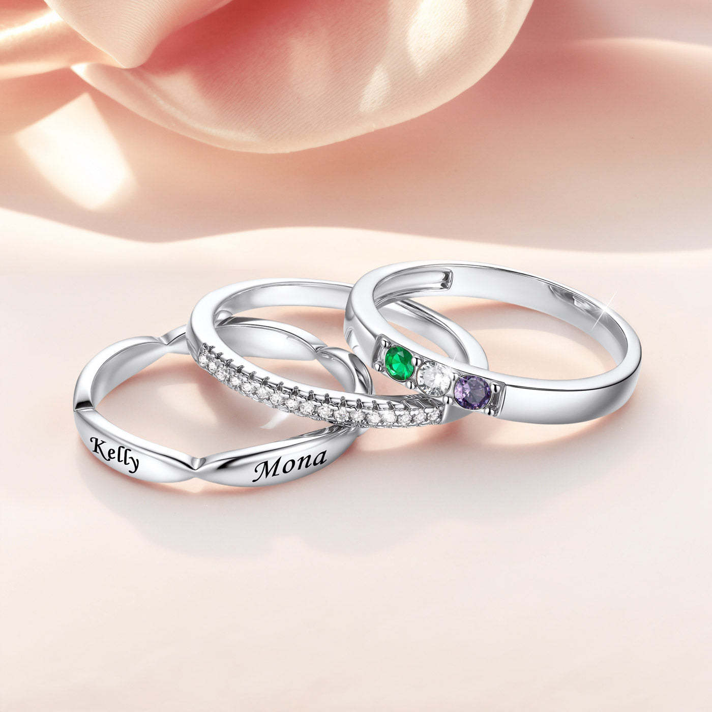 Custom Birthstones Name Stackable Ring for Mom Family silver 3