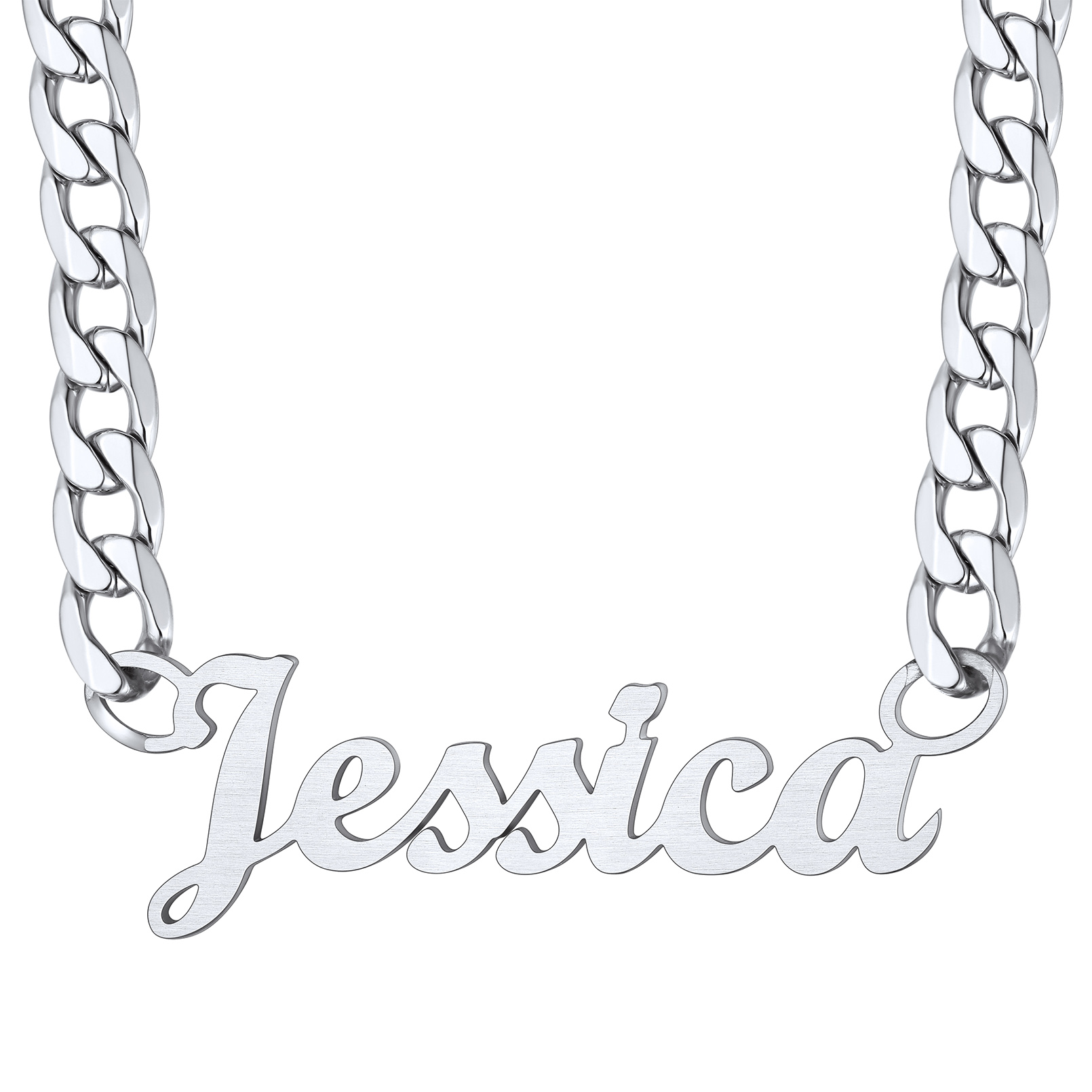 Personalized Silver Cuban Chain Name Plate Necklace with Lobster clasp
