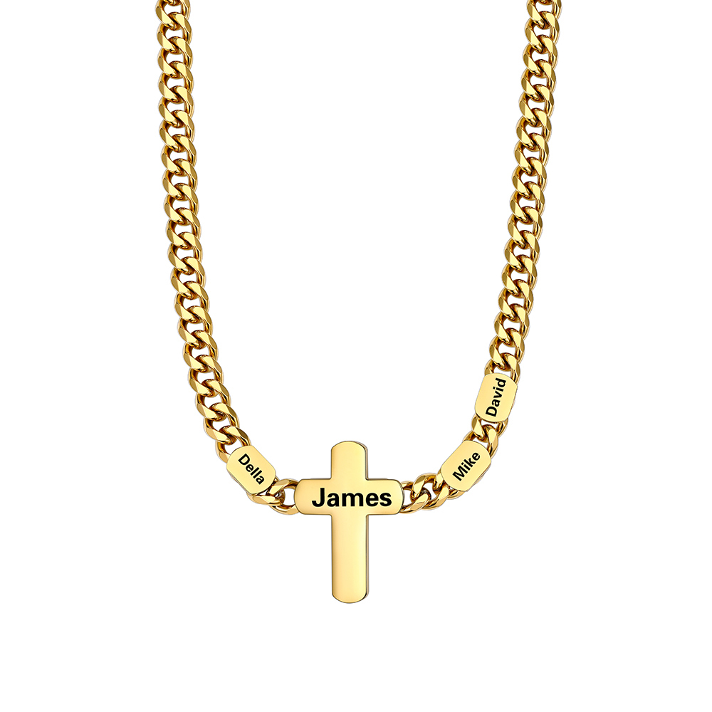 3 Names Cuban Chain Cross Necklace