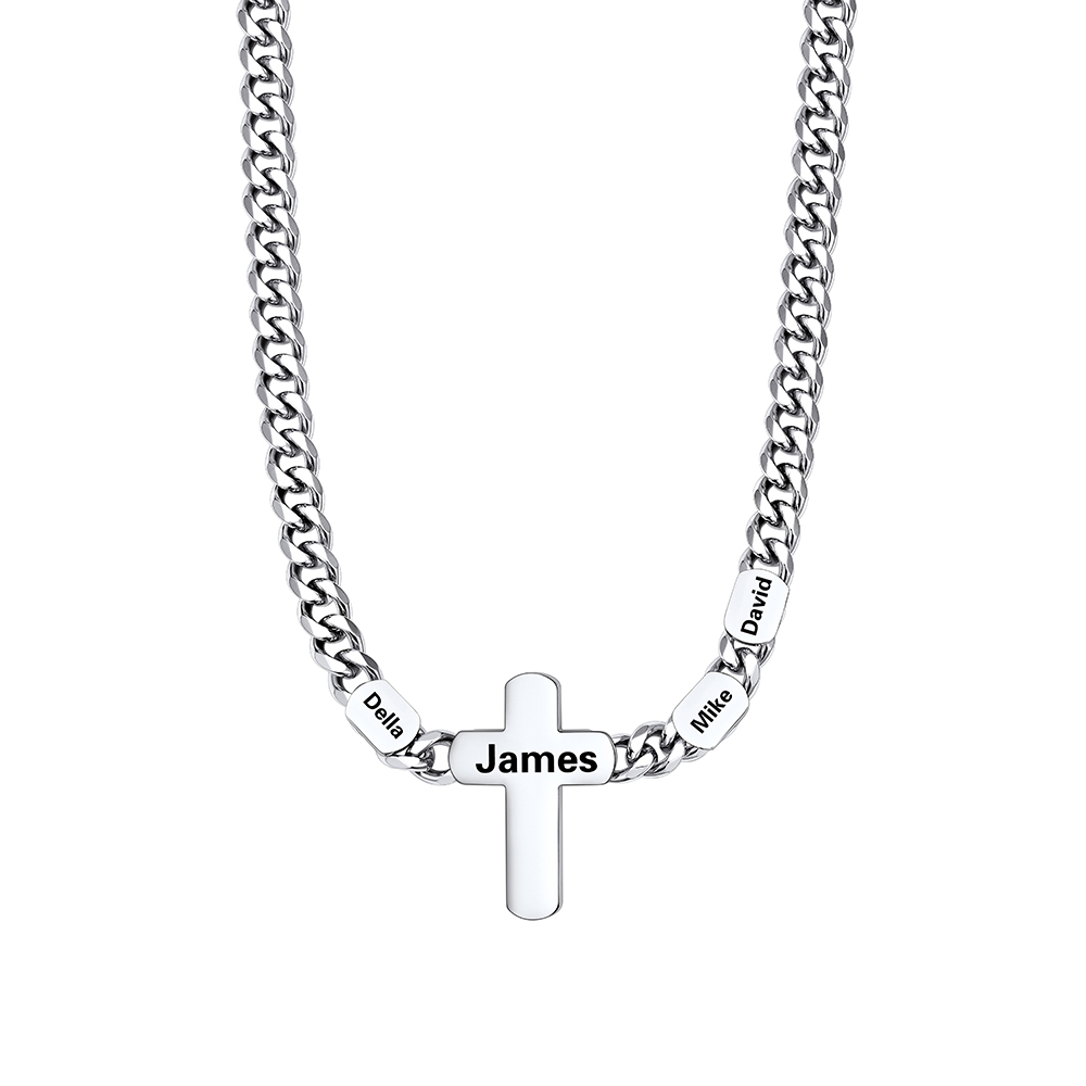 3 Names Cuban Chain Cross Necklace silver