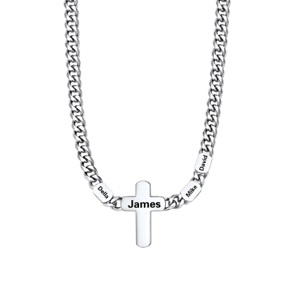 3 Names Cuban Chain Cross Necklace silver