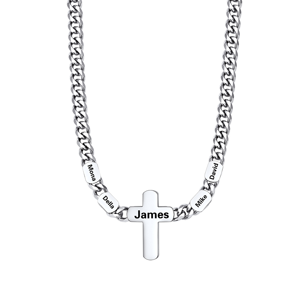 4 Names Cuban Chain Cross Necklace silver
