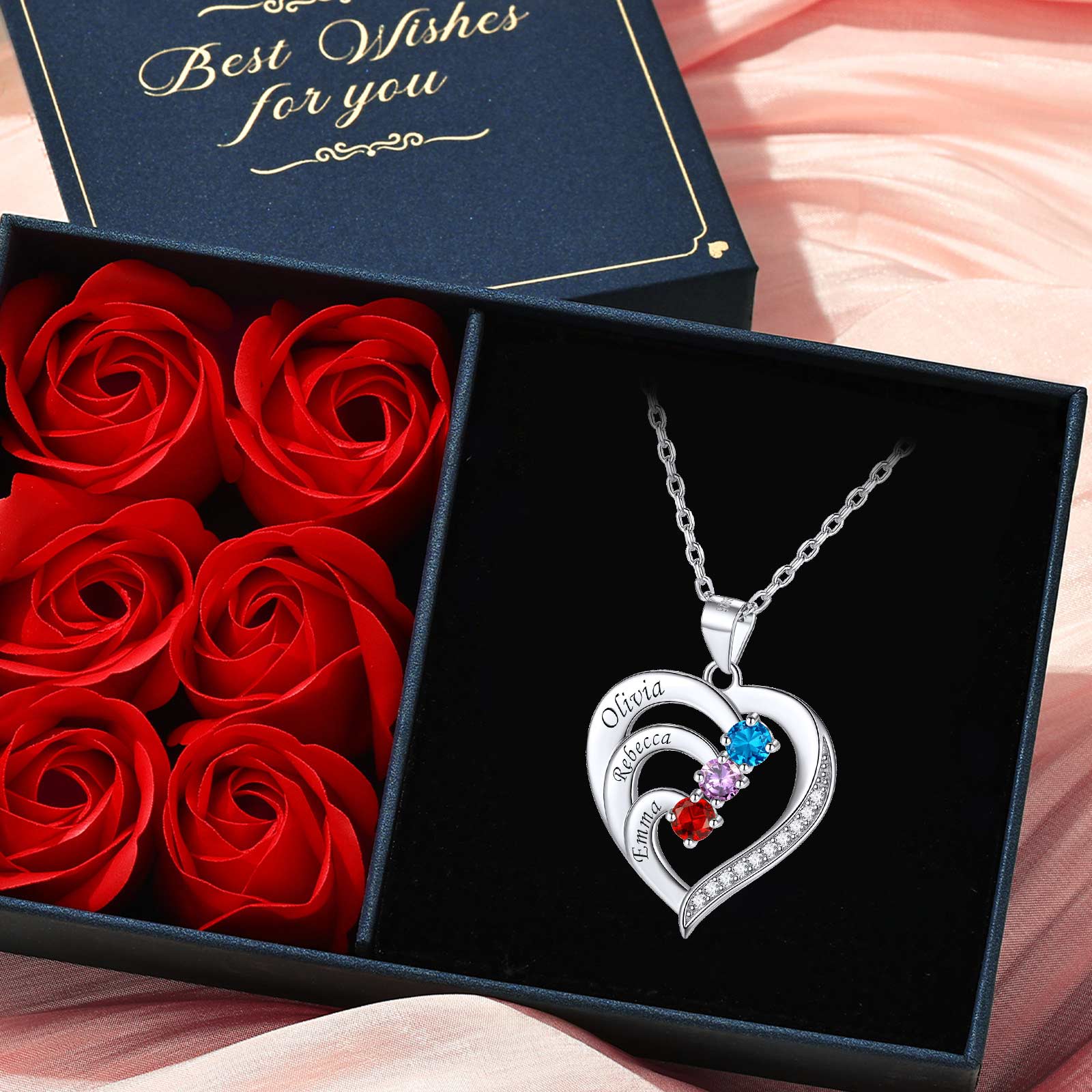 Birthstone Heart Family Name Necklace gift for Mom