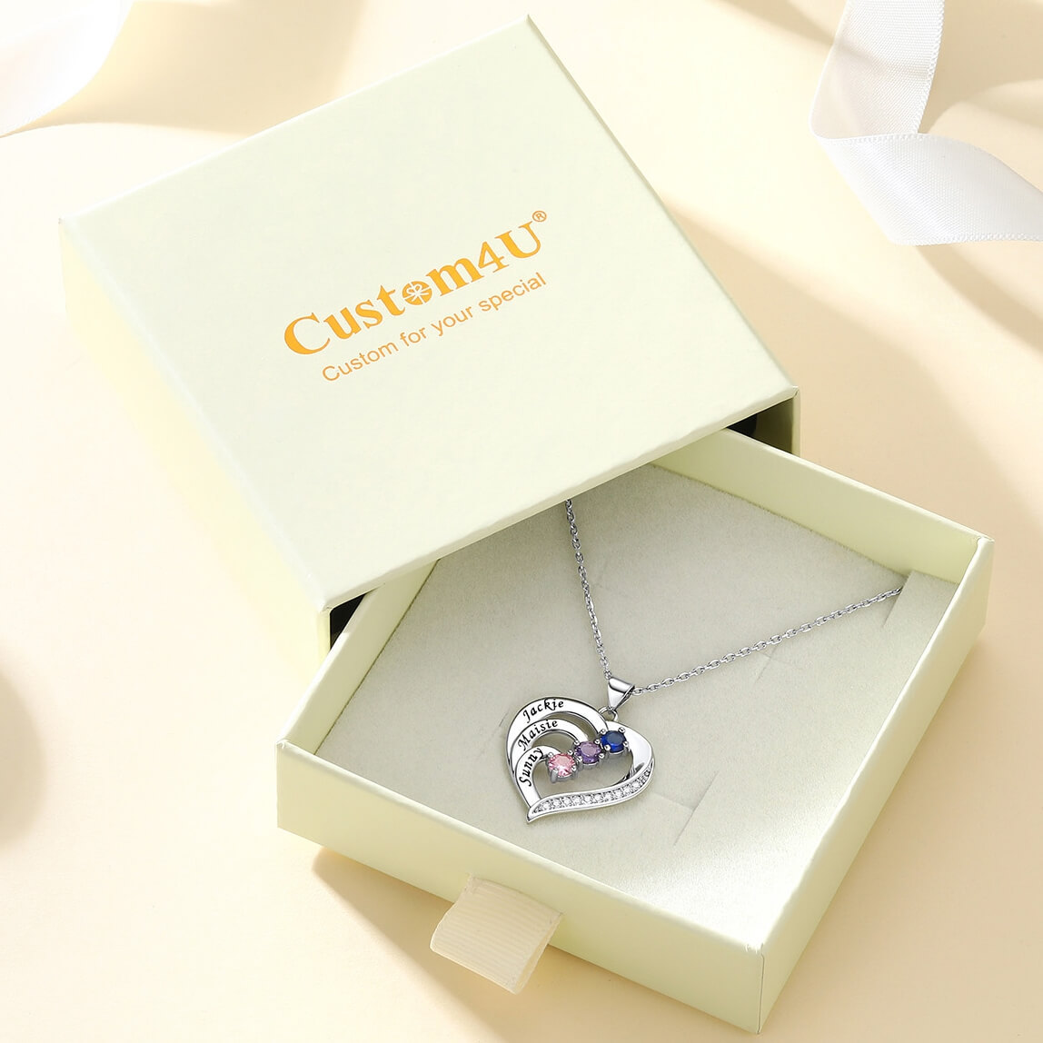 Birthstone Heart Family Necklace for Mom with gift box