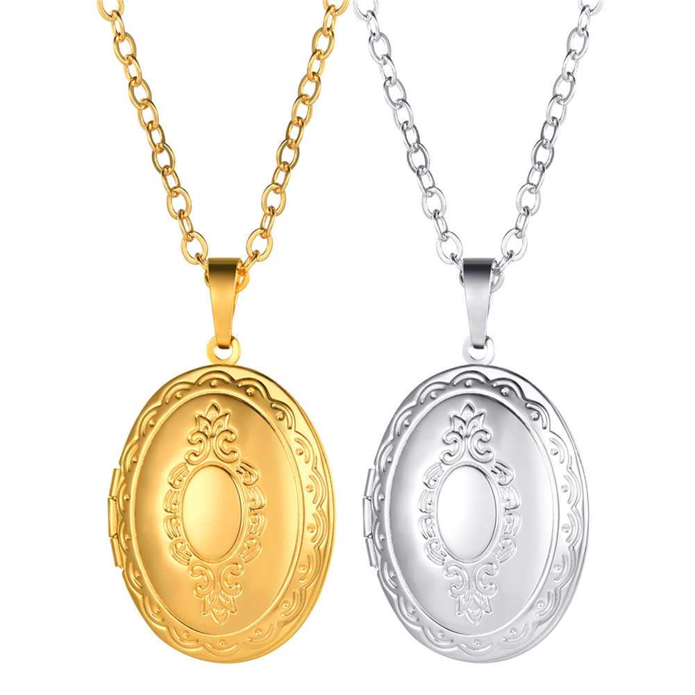 Custom Engraved Photo Oval Locket Necklace Gold Plated Copper with Chain
