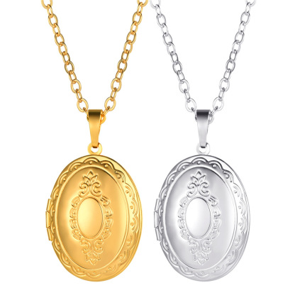 Custom Engraved Photo Oval Locket Necklace Gold Plated Copper with Chain