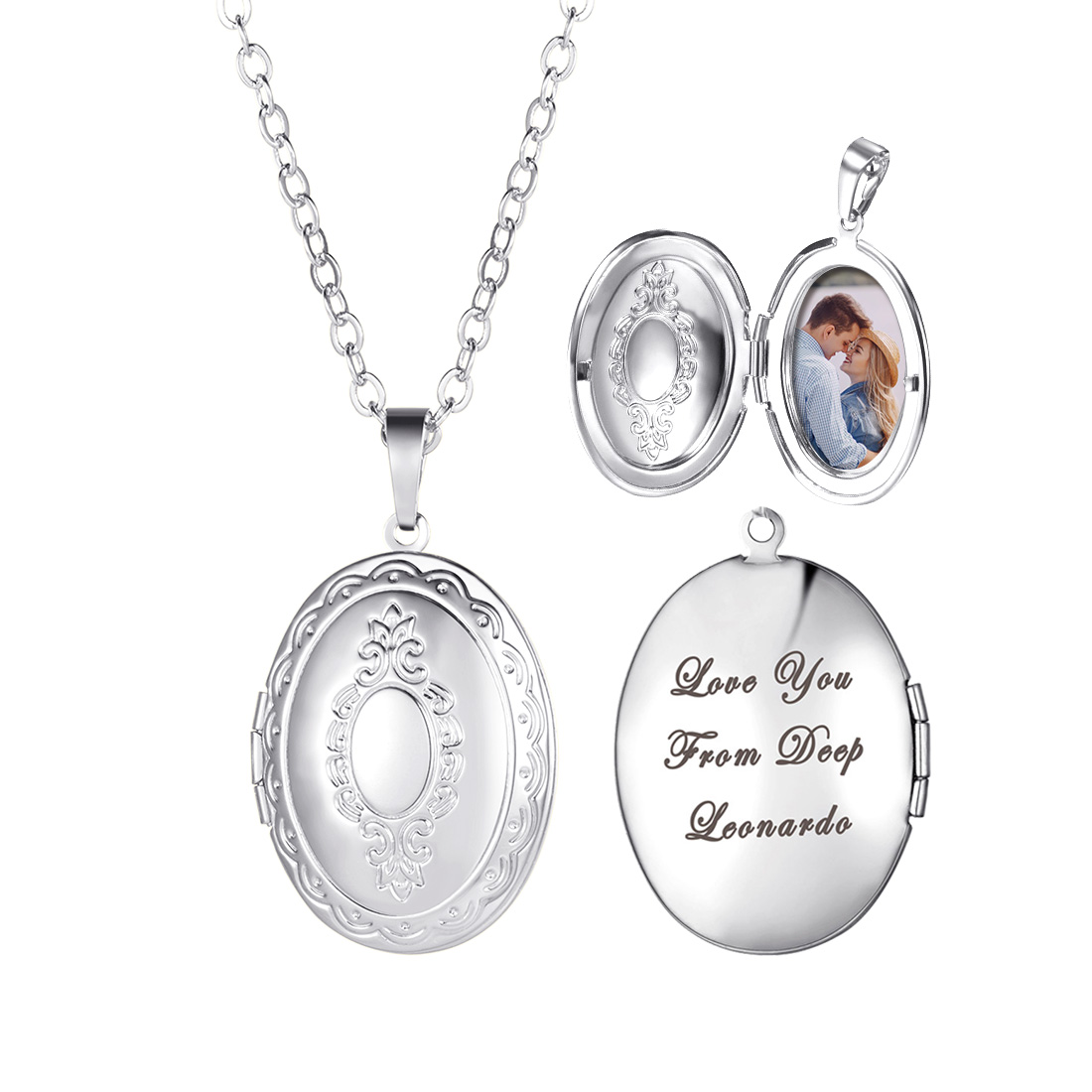 Custom Engraved Photo Oval Locket Necklace Gold Plated Copper with Chain