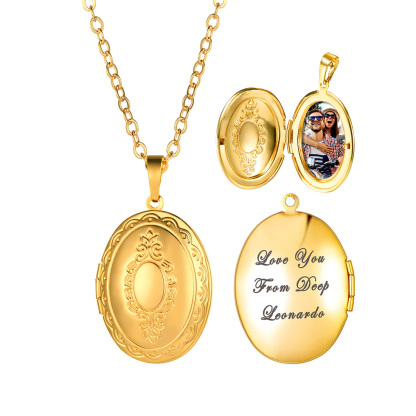 Custom Engraved Photo Oval Locket Necklace Gold Plated Copper with Chain