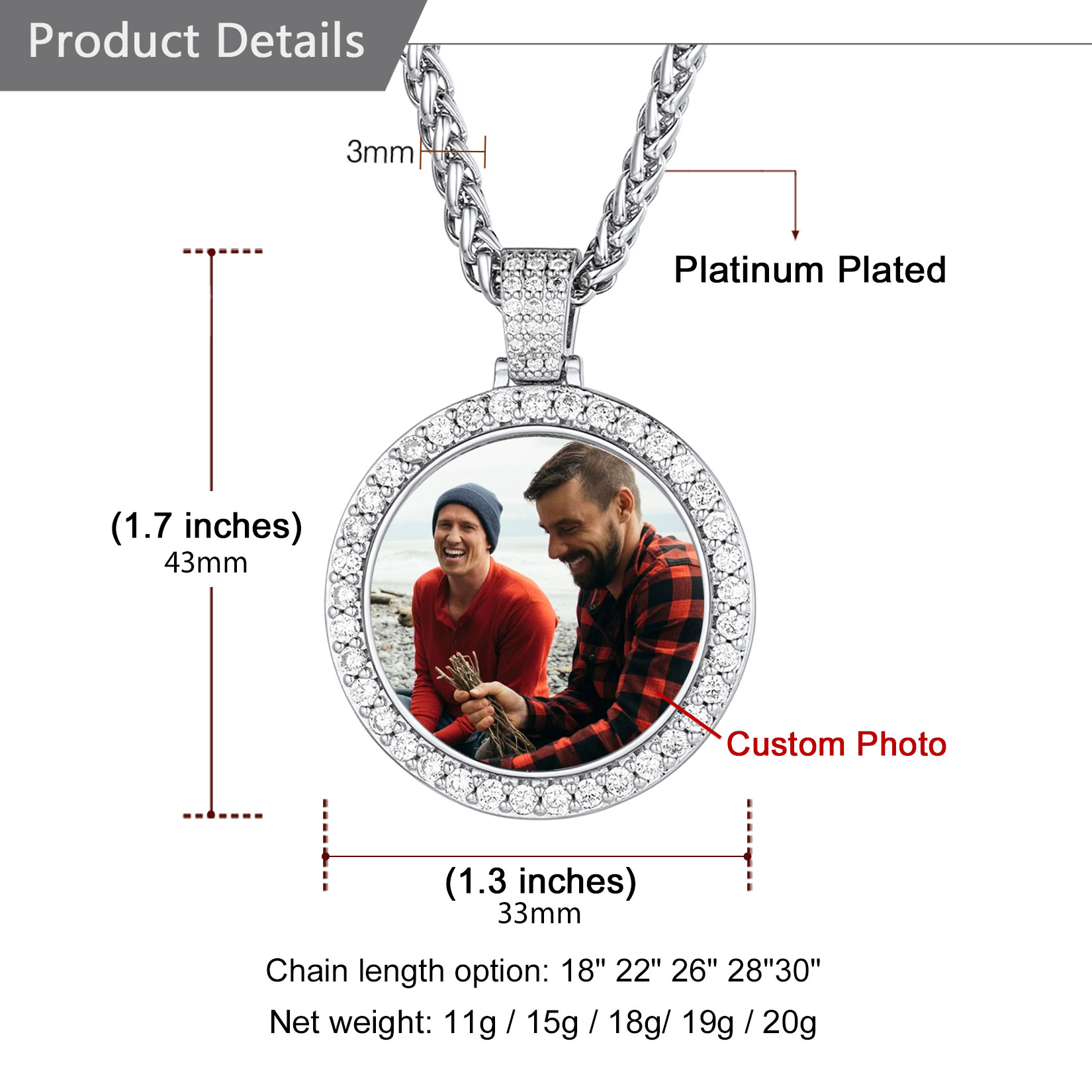 Customizable Photo and Engraving Necklace Silver Size