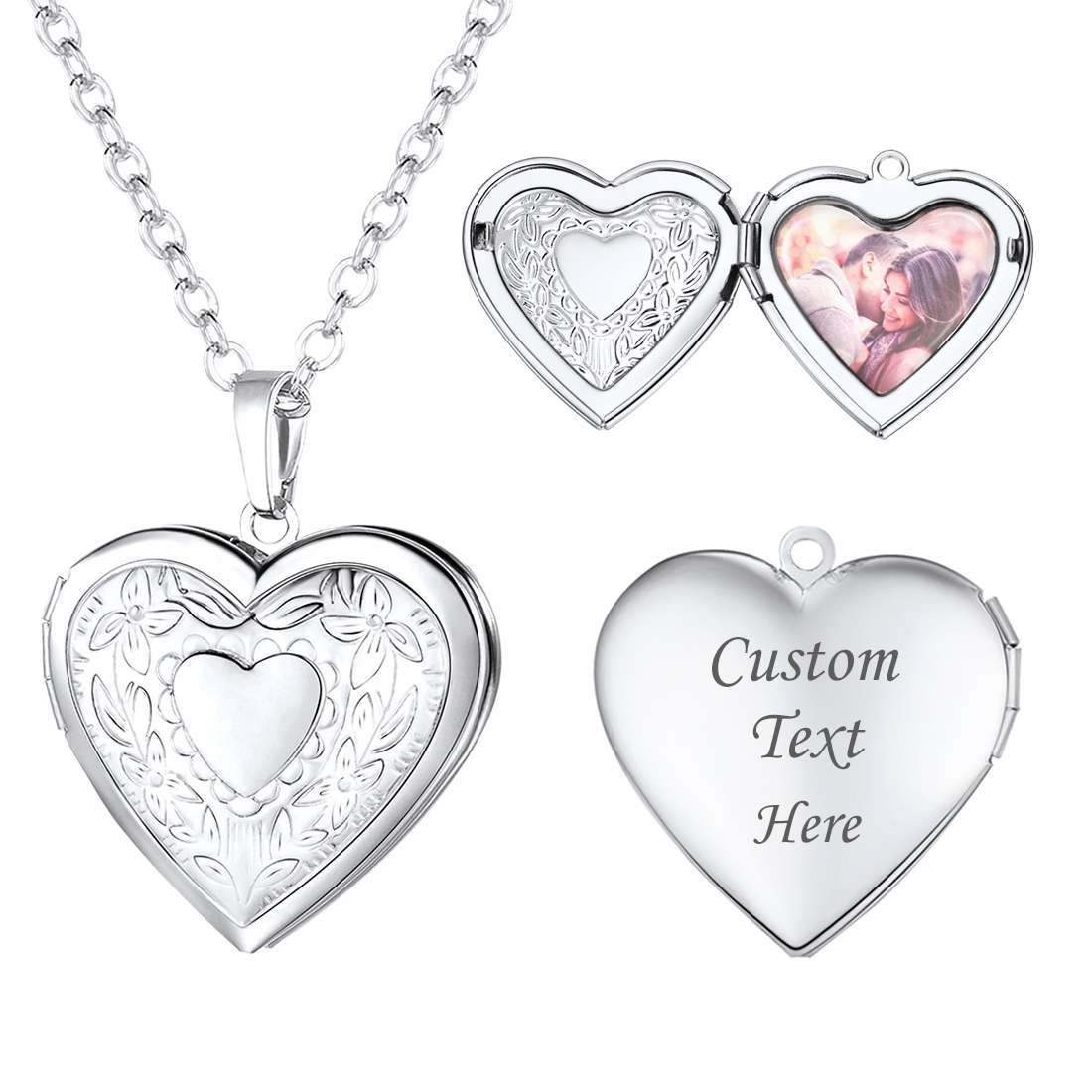 Personalized Picture Necklace Heart Flower Locket Silver
