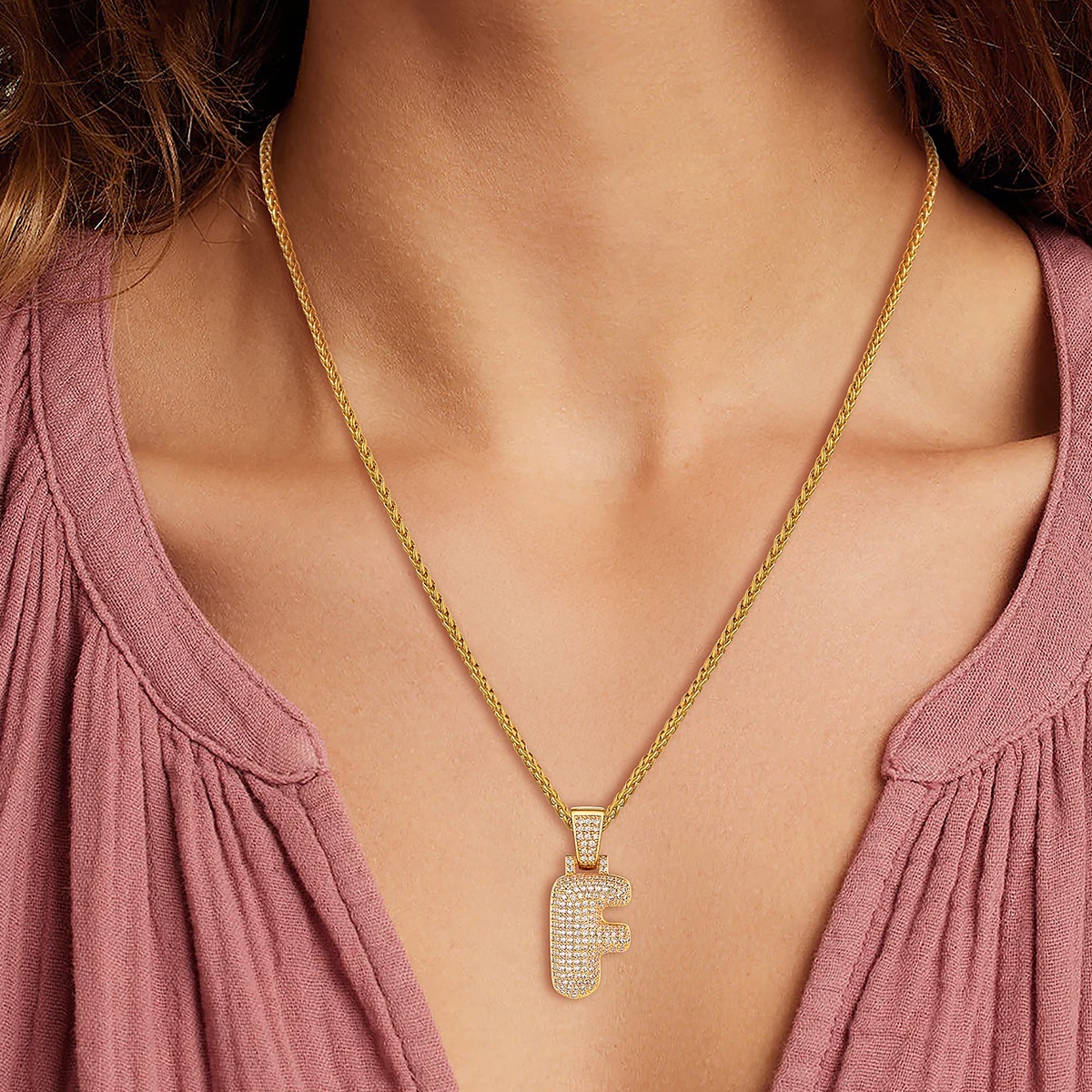 Custom Bubble Initial CZ Diamond Pendant Necklace with Letter