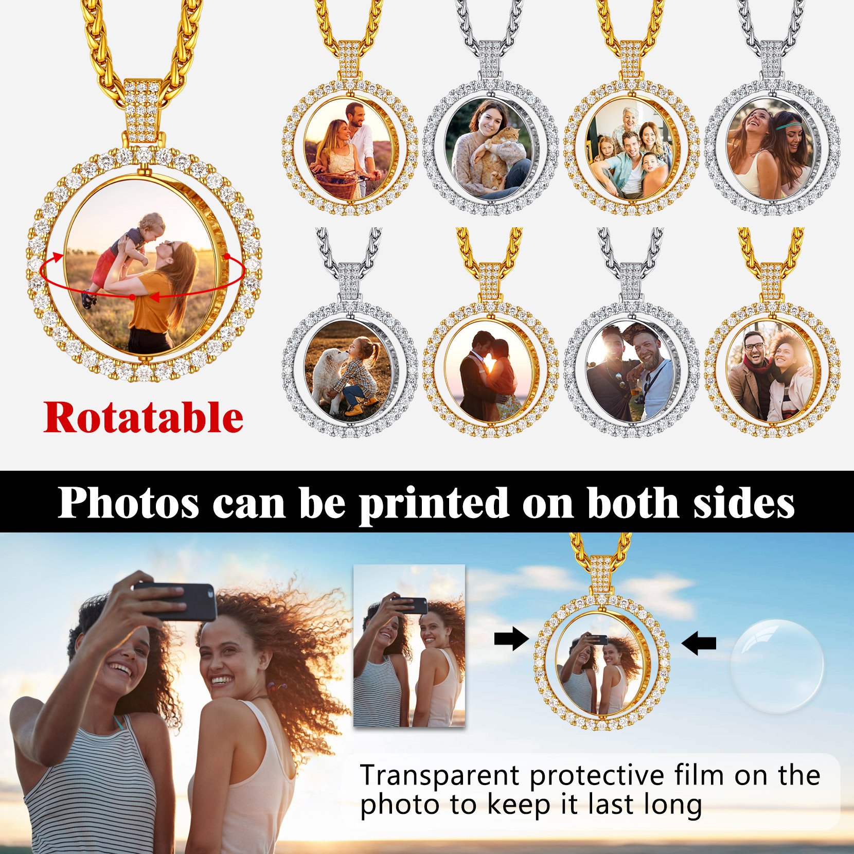 Personalized Rotatable CZ Round Picture Necklace 