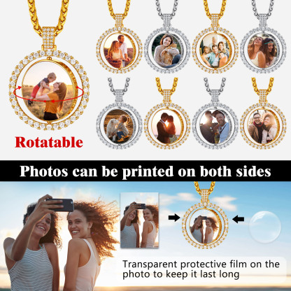 Personalized Rotatable CZ Round Picture Necklace 