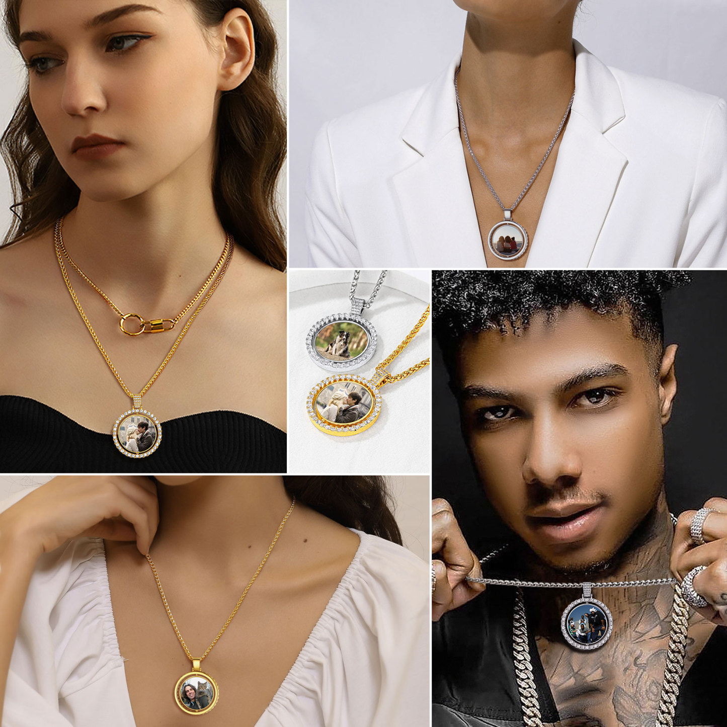 Personalized Rotatable CZ Round Double Side Picture Necklace for Women Men  model show