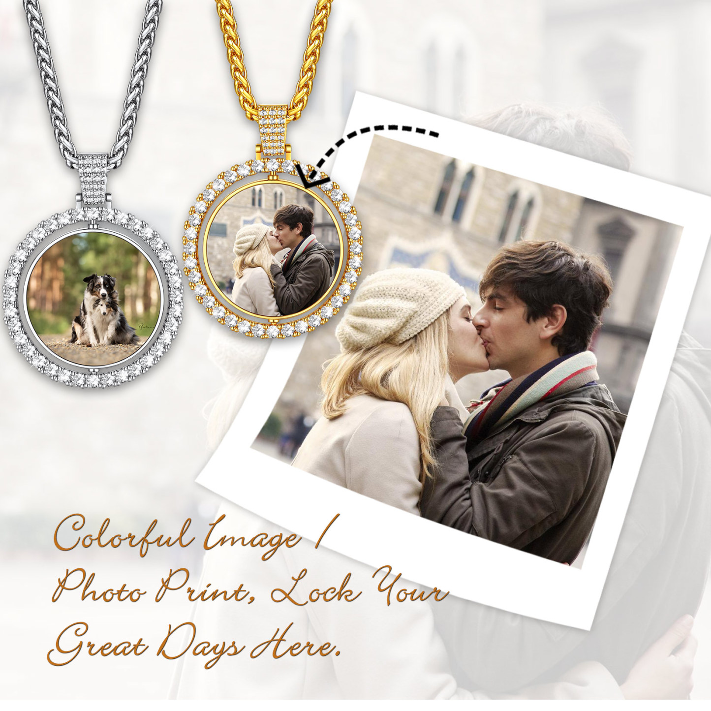 Rotatable CZ Round Double Side Picture Necklace for Women Men 