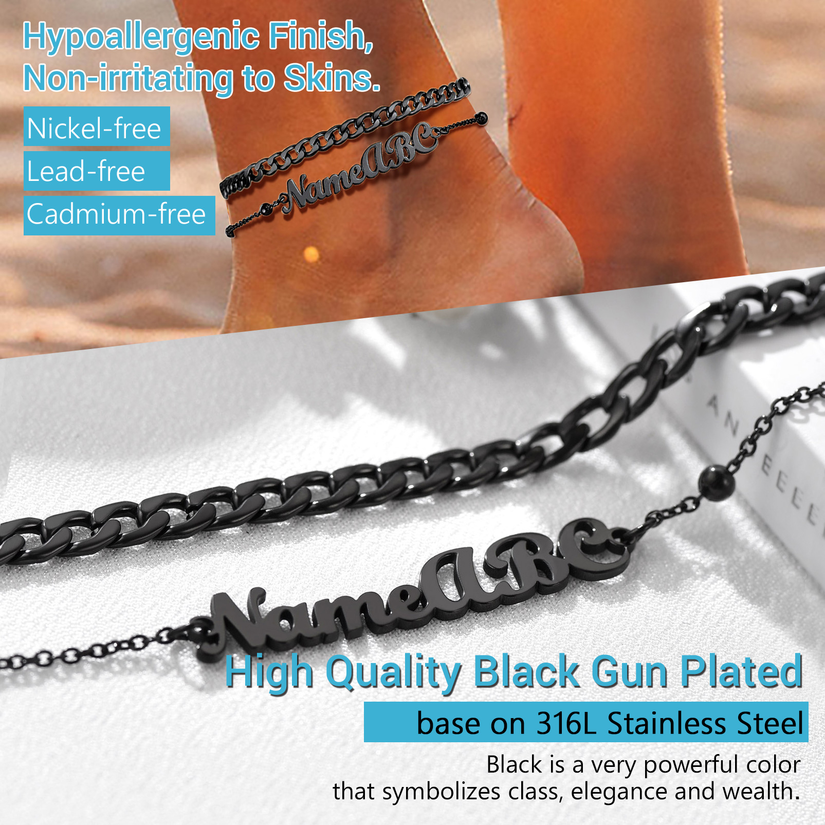 Name Layered Chain Anklets For Women black