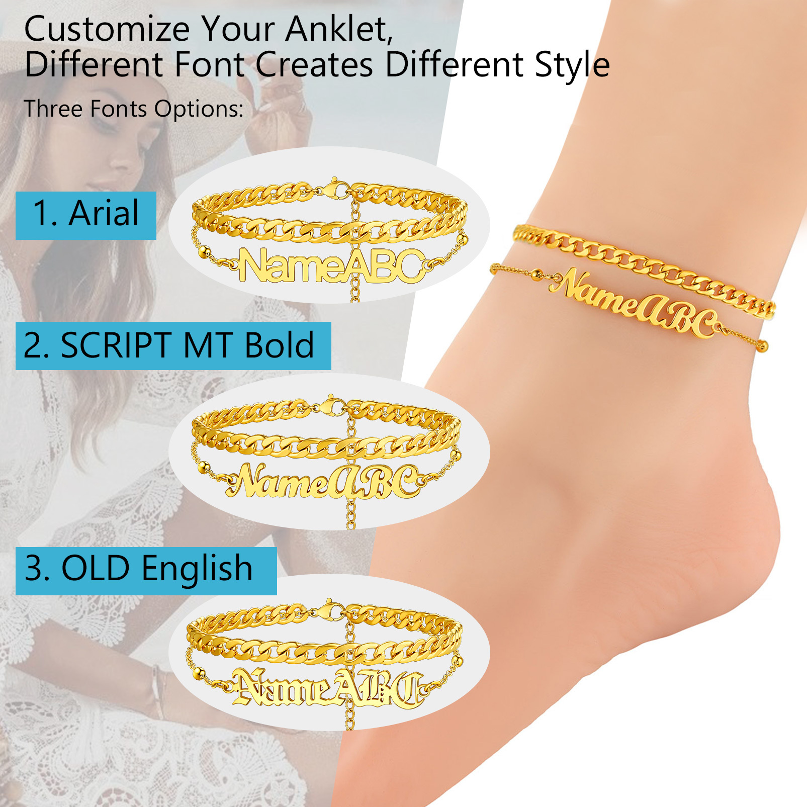 Personalized Name Layered Chain Anklets gold