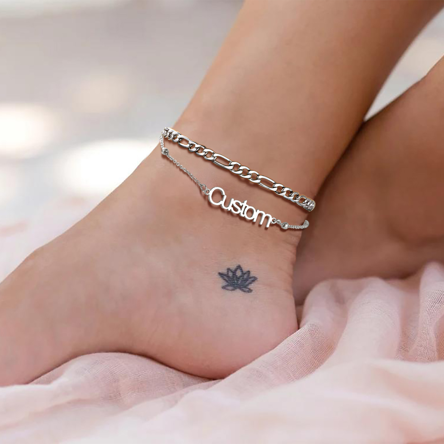Custom Name Anklet with Figaro Chain for Women model