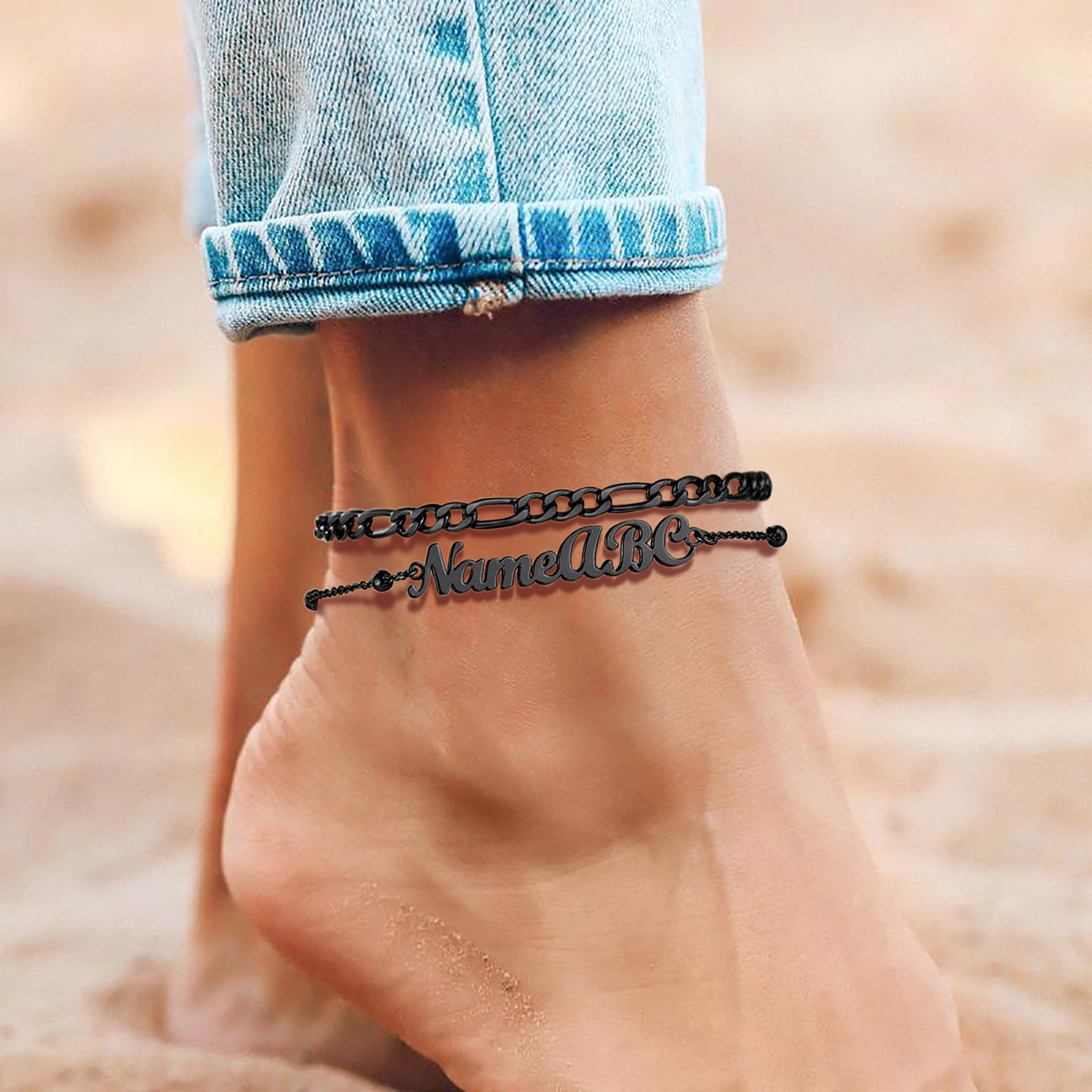 Custom Name Anklet with Figaro Chain for Women  model black