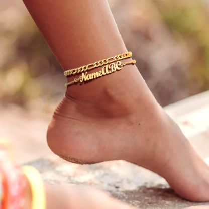 Custom Name Anklet with Figaro Chain for Women  model gold