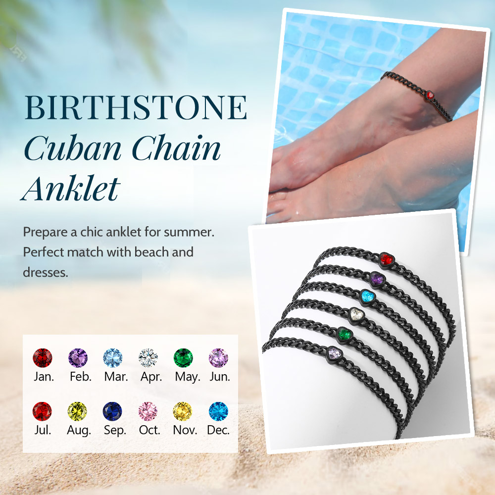 Anklet Heart Birthstone Bracelet for Women with Cuban Chain collection