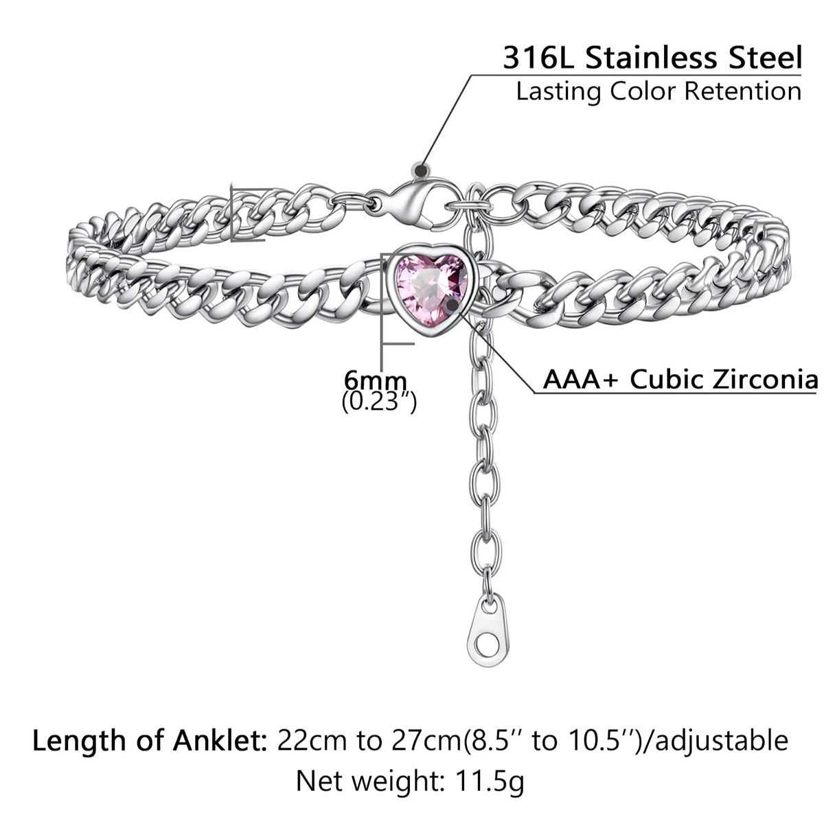 Heart Birthstone Cuban Link Chain Anklet for Women 