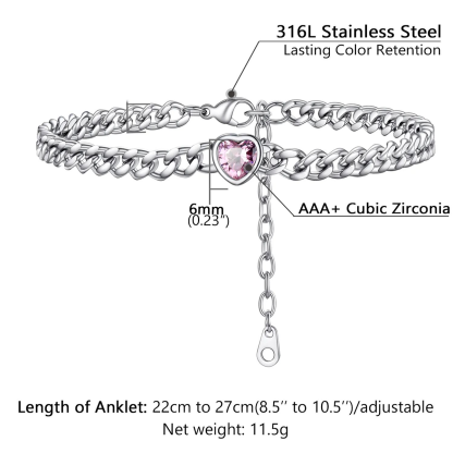 Heart Birthstone Cuban Link Chain Anklet for Women 