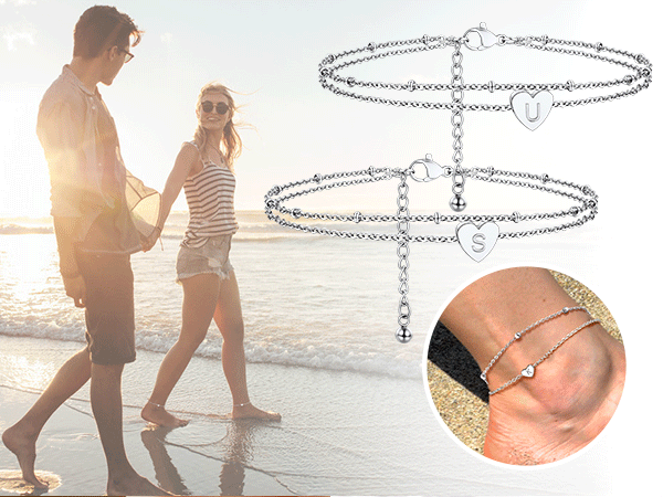 Initial Heart Stainless Steel Layered Anklet For Women beach