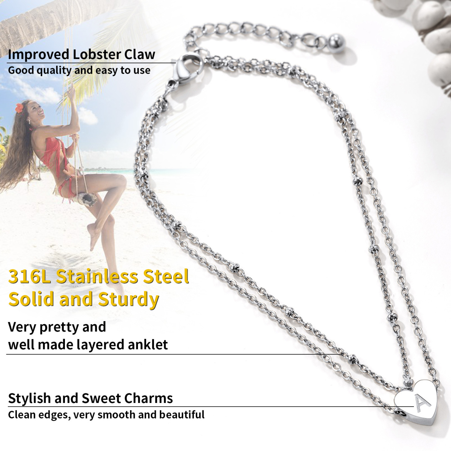 Heart Stainless Steel Layered Anklet For Women detail
