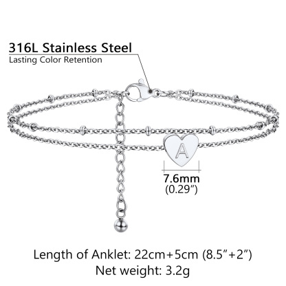 Stainless Steel Women's Adjustable Heart Anklet with Initial detail