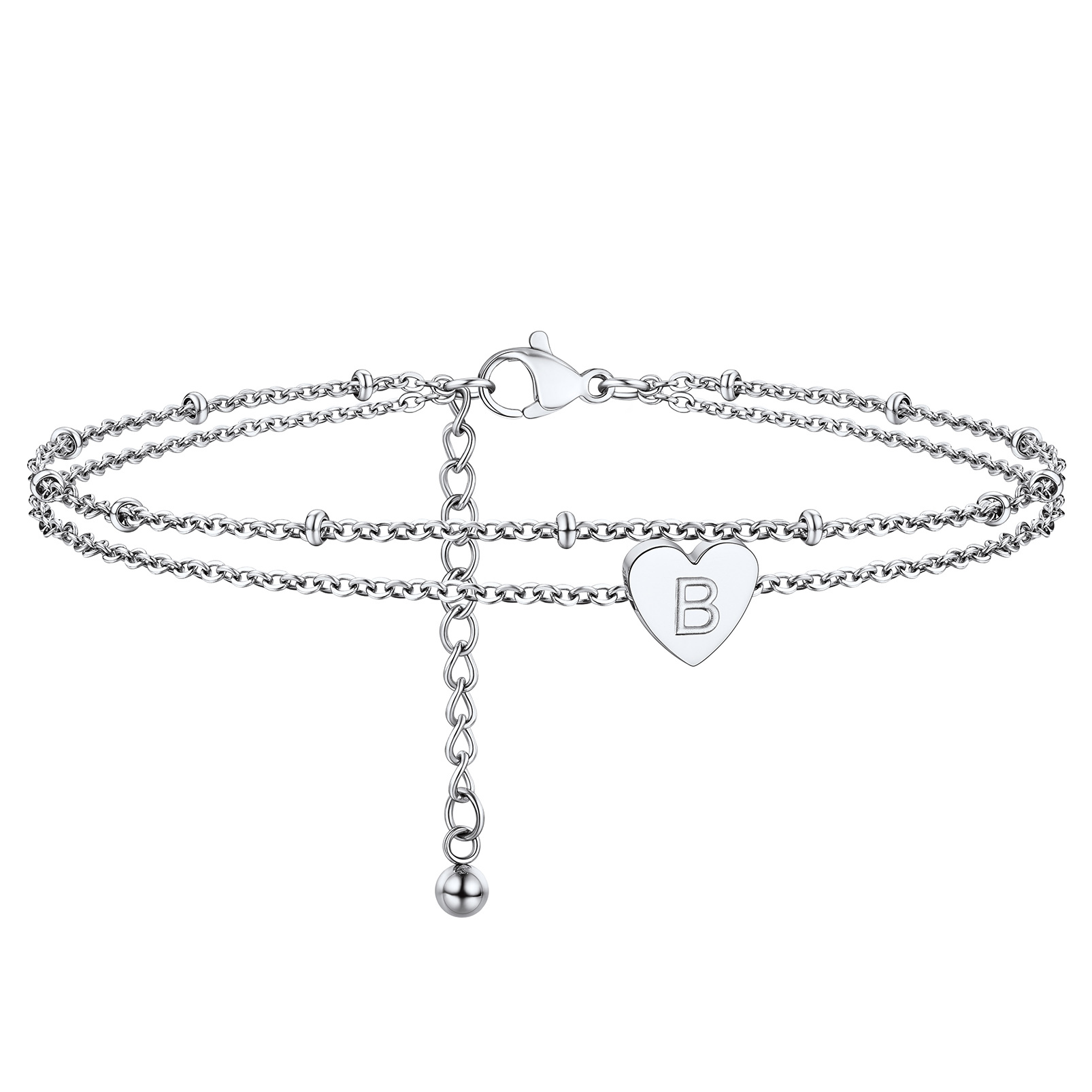 Stainless Steel Women's Adjustable Heart Anklet with Initial
