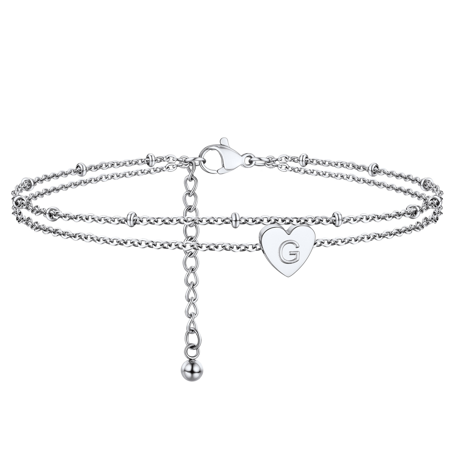 Stainless Steel Women's Adjustable Heart Anklet with Initial