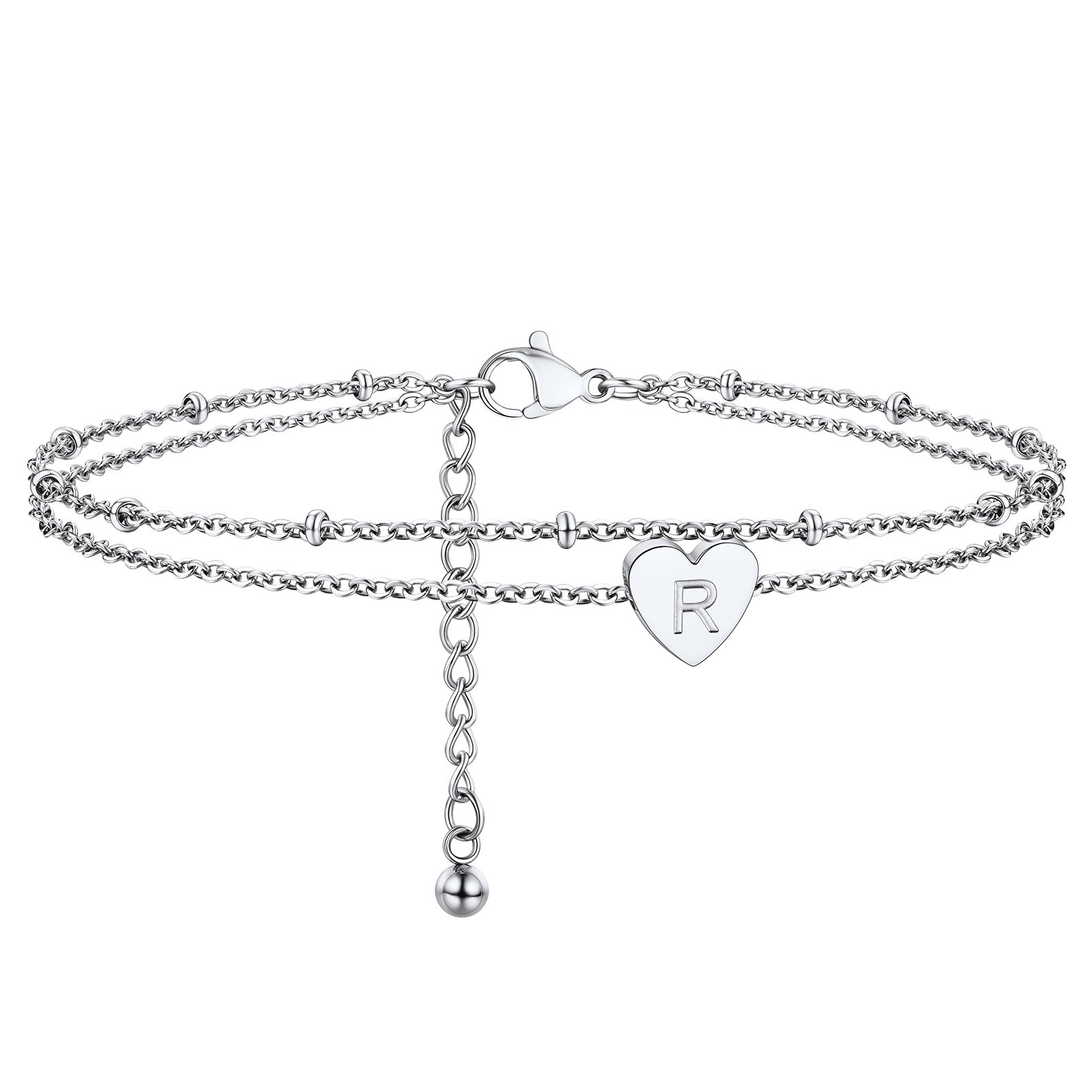 Stainless Steel Women's Adjustable Heart Anklet with Initial