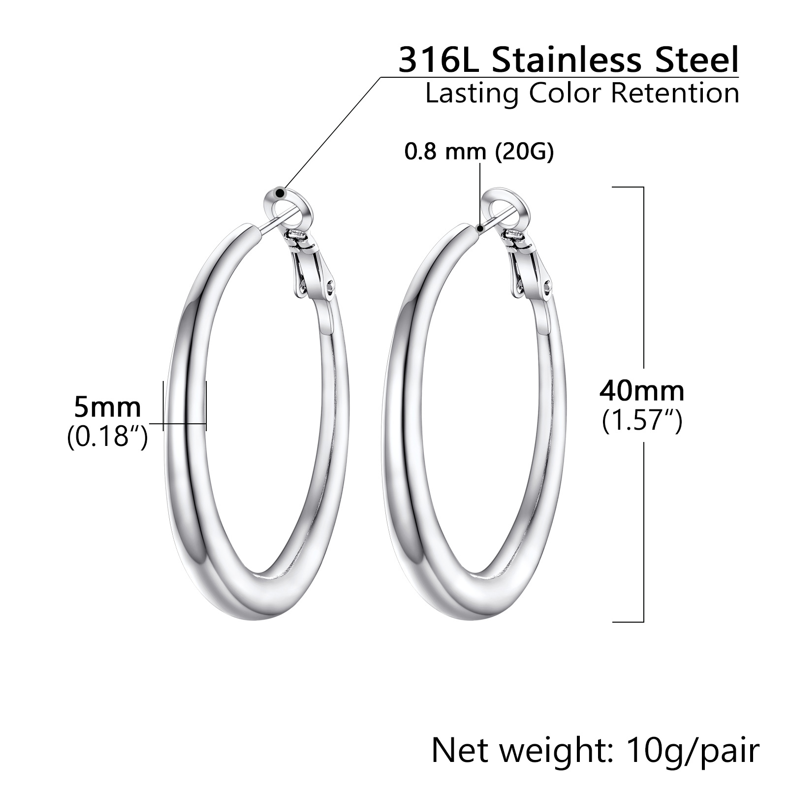 Stainless Steel Hoop Earrings Hypoallergenic Fashion Jewelry For Women 40mm size