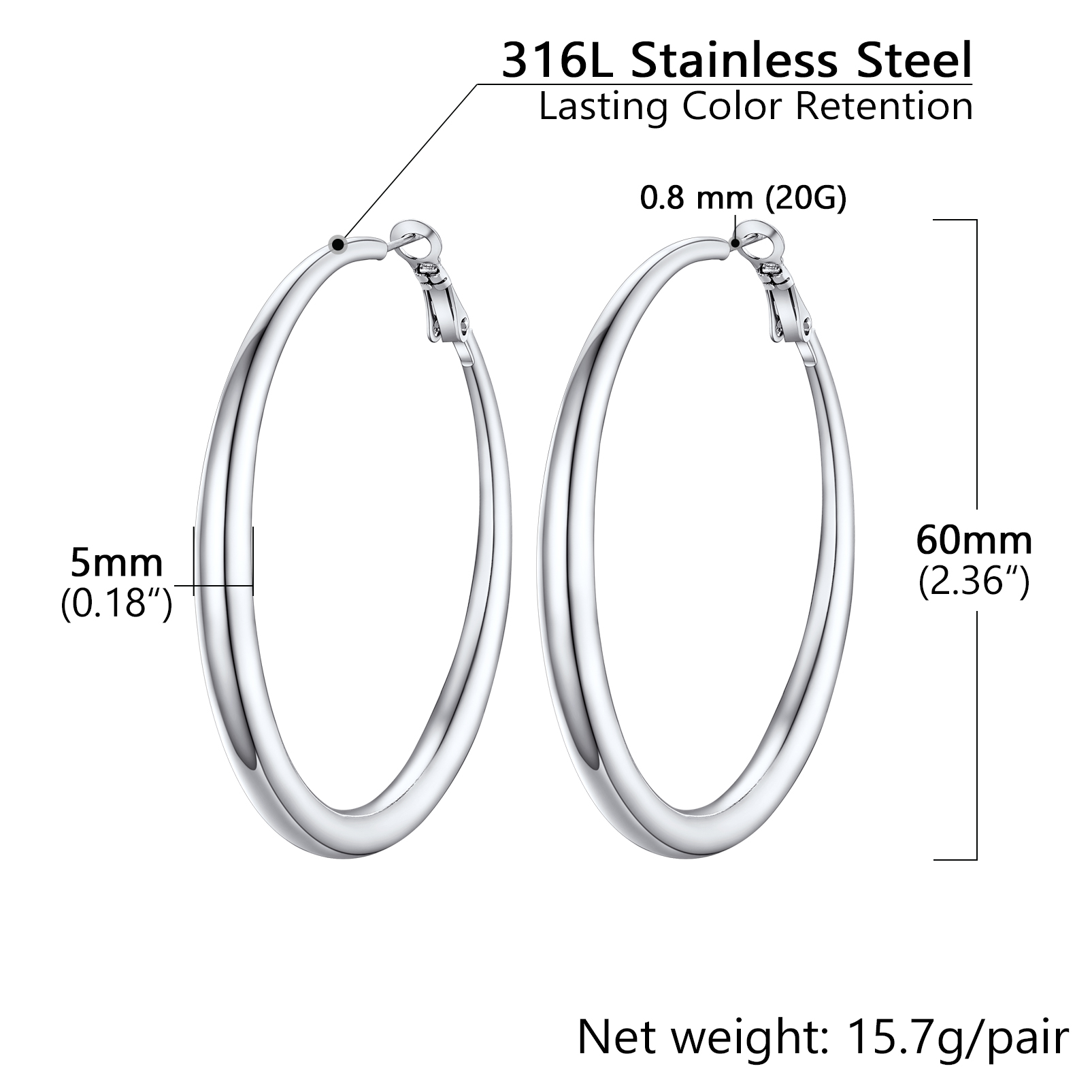 Stainless Steel Hoop Earrings Hypoallergenic Fashion Jewelry For Women 60mm size