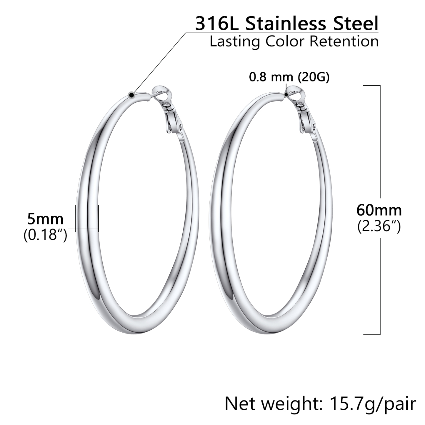 Stainless Steel Hoop Earrings Hypoallergenic Fashion Jewelry For Women 60mm size