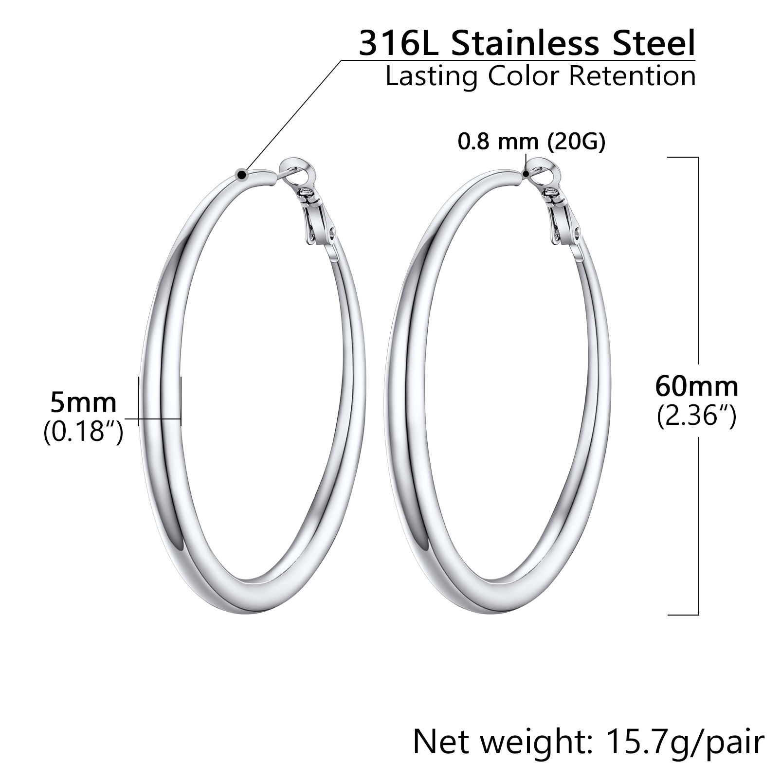Stainless Steel Hoop Earrings Hypoallergenic Fashion Jewelry For Women 60mm size