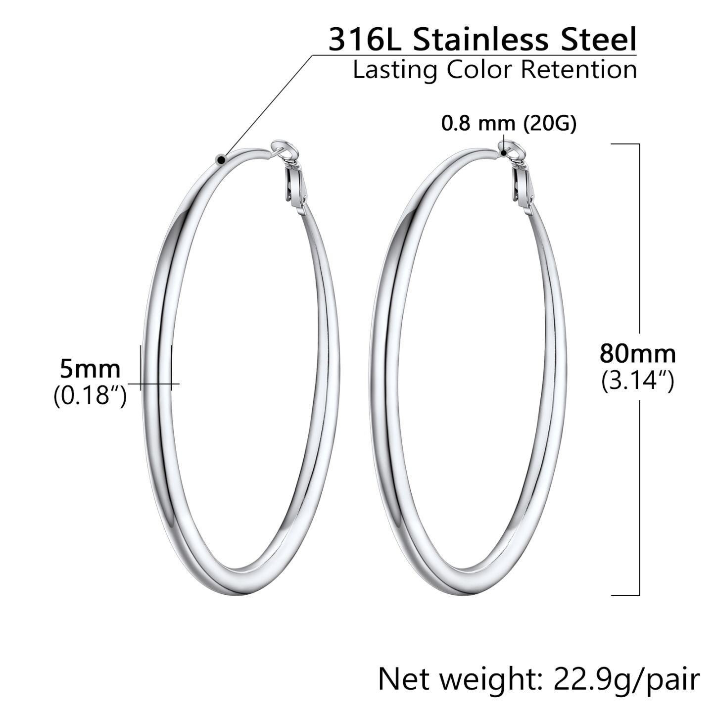 Stainless Steel Hoop Earrings Hypoallergenic Fashion Jewelry For Women 80mm size