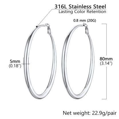 Stainless Steel Hoop Earrings Hypoallergenic Fashion Jewelry For Women 80mm size