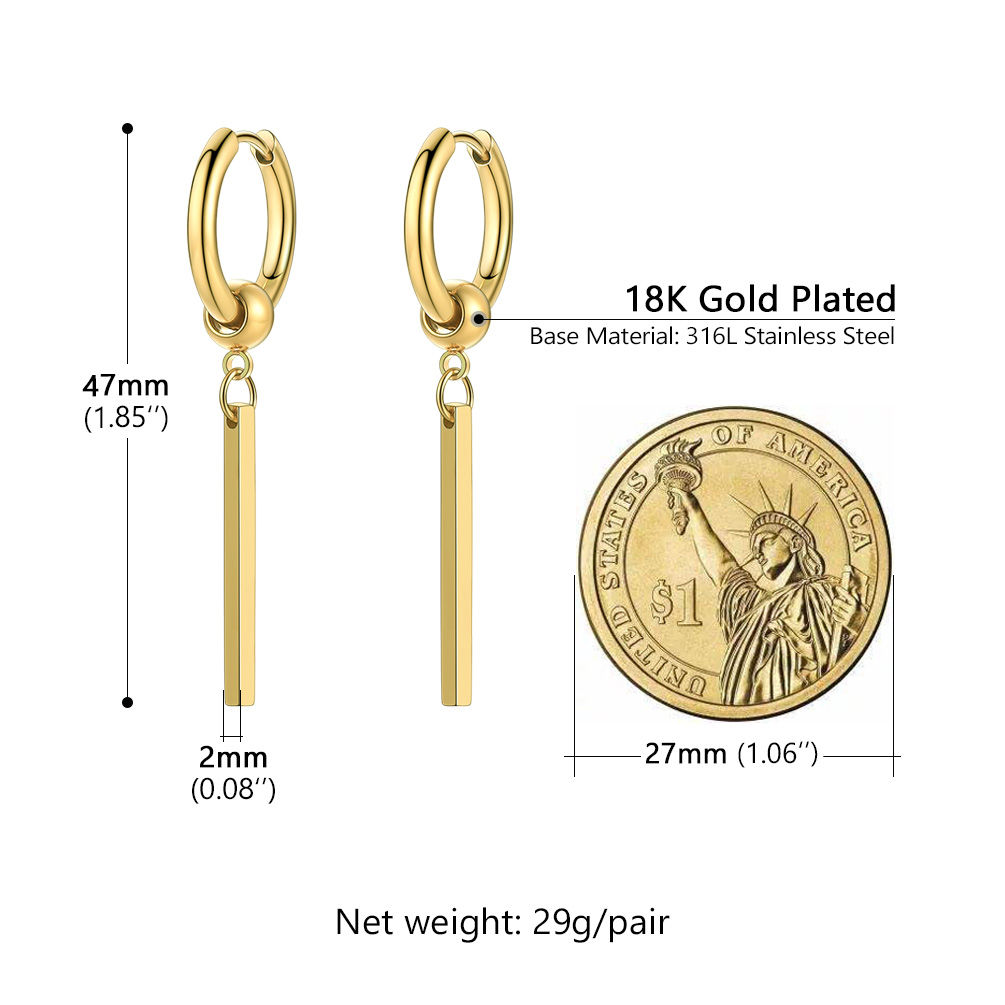 Stainless Steel Bar Drop Earrings 18K Gold Plated Earrings For Women SIZE