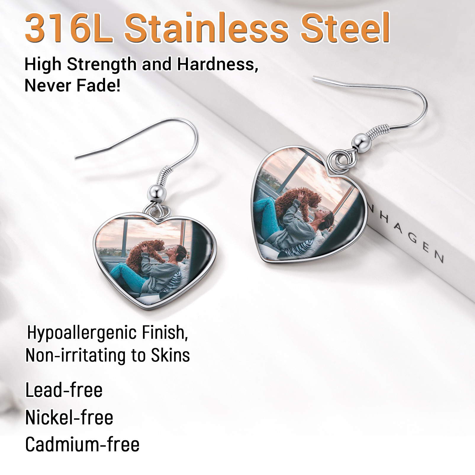 Personalized Photo Heart Dangle Earrings for Women stainless steel