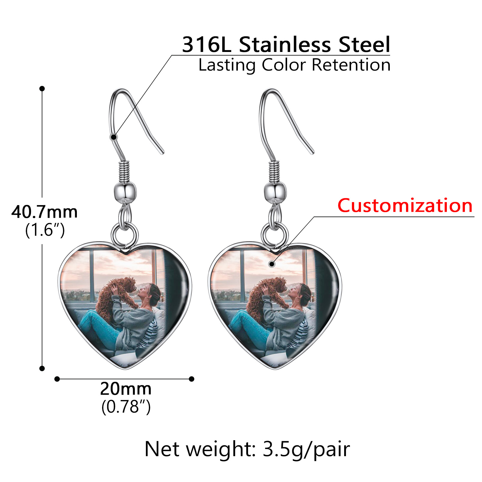 Personalized Photo Heart Dangle Earrings for Women size
