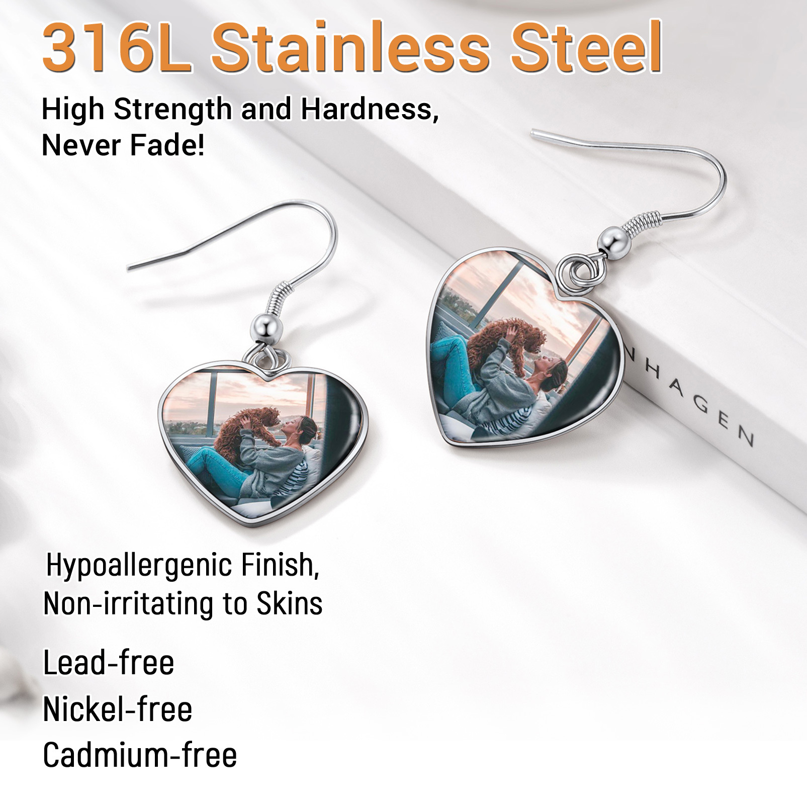 Personalized Photo Heart Dangle Earrings for Women stainless steel