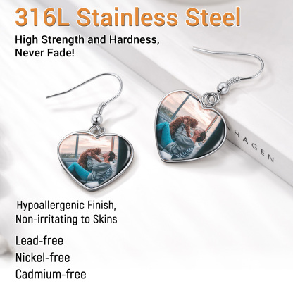 Personalized Photo Heart Dangle Earrings for Women stainless steel