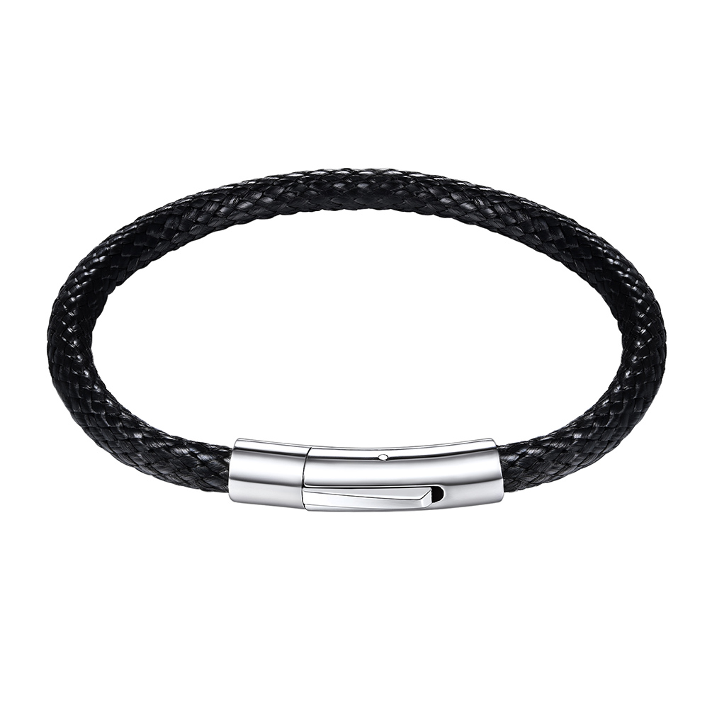 Custom Engraved Leather Bracelet with Magnetic Clasp for Men Black