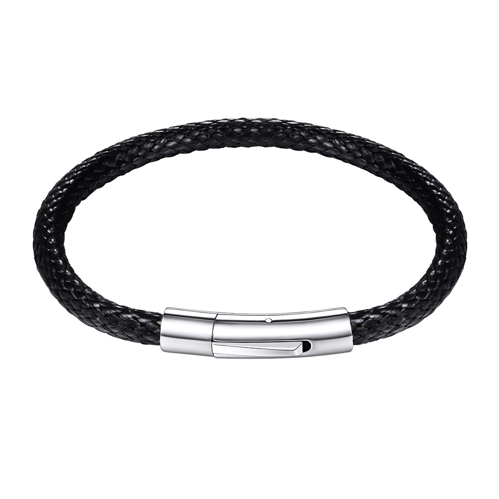 Custom Engraved Leather Bracelet with Magnetic Clasp for Men Black