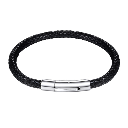 Custom Engraved Leather Bracelet with Magnetic Clasp for Men Black