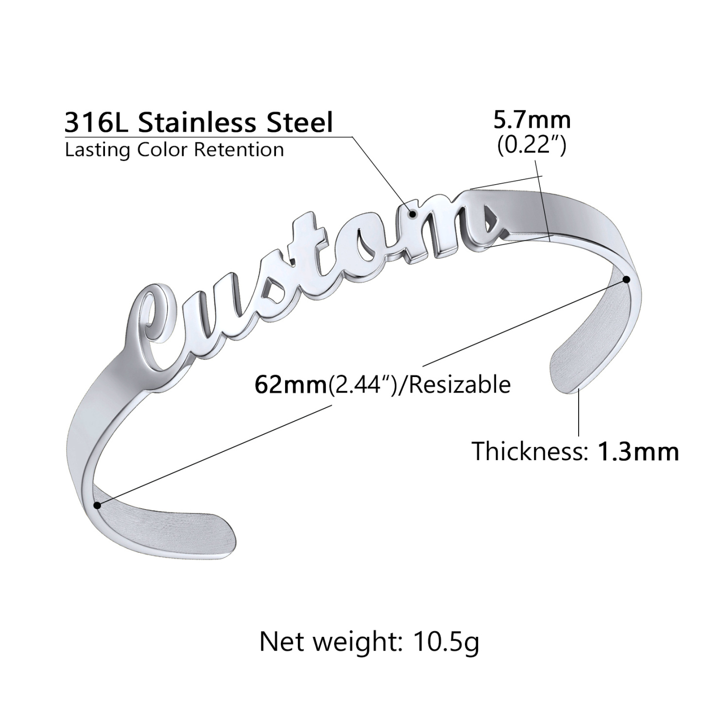 Personalized Name Engraved Cuff Bracelets for Women size